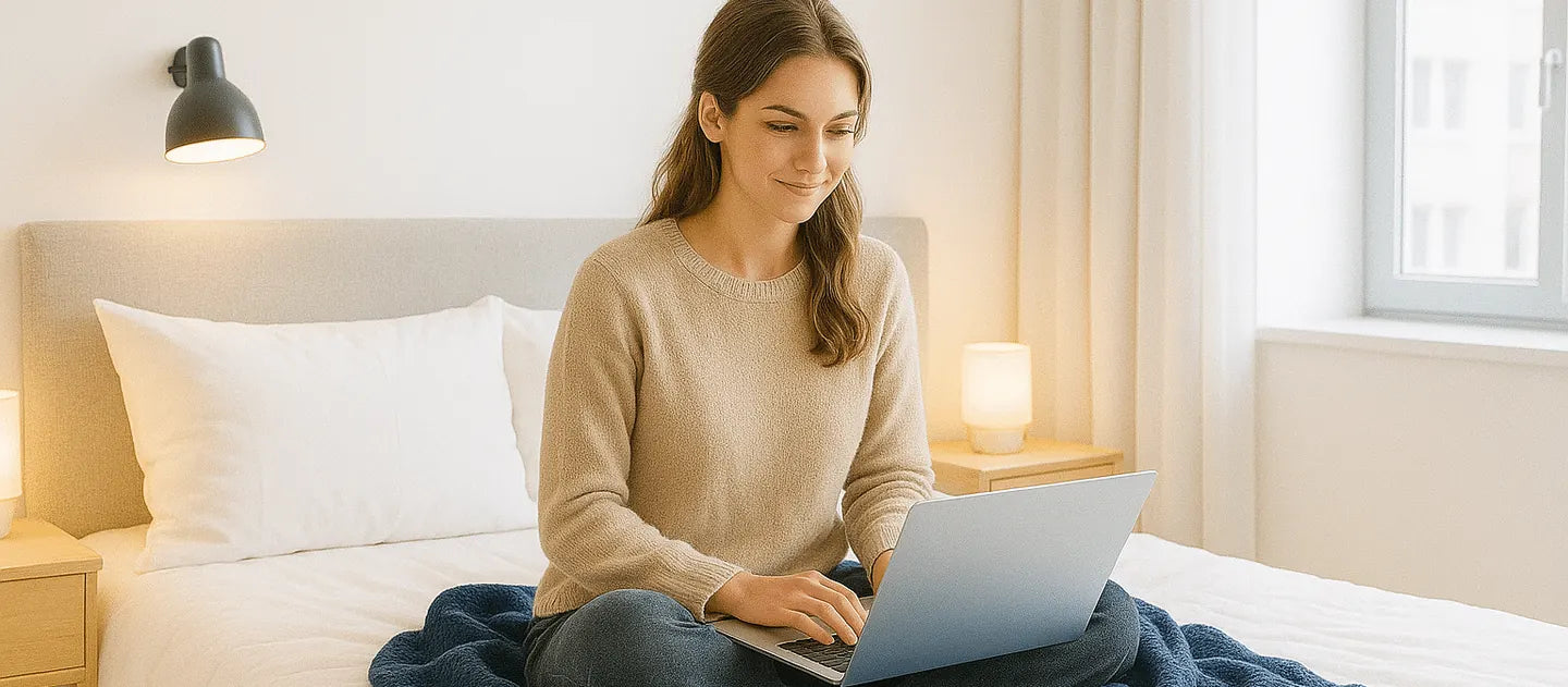 Frau sitzt auf einem Bett mit Laptop in einem hellen Schlafzimmer.