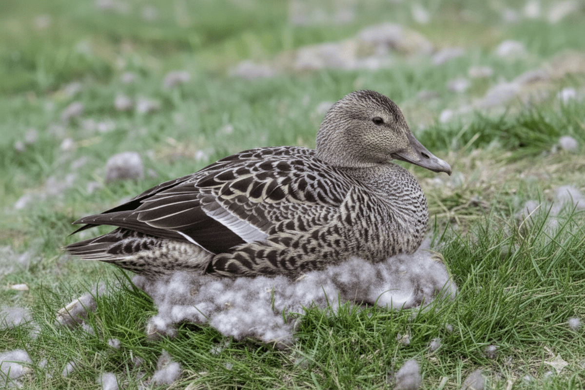 Weibliche Eiderente mit braun gemustertem Gefieder auf weißem Eiderdaunennest im Gras