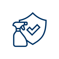 Blaues lineares Icon: Sprühflasche und Schild mit Häkchen – hygienisch, pflegeleicht.