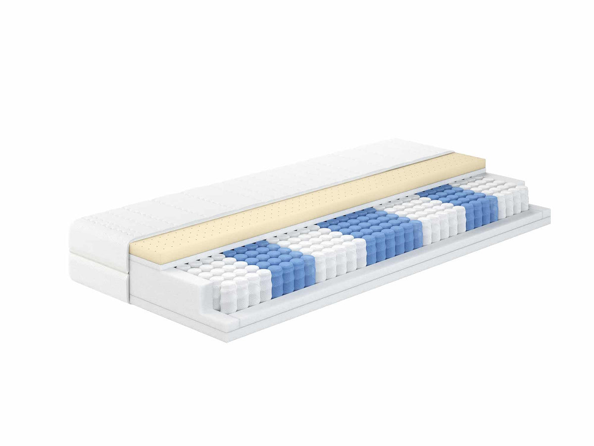 Latex TFK480 axonometrische Ansicht,  Matratzenmodell in Weiß, Blau und Cremefarben