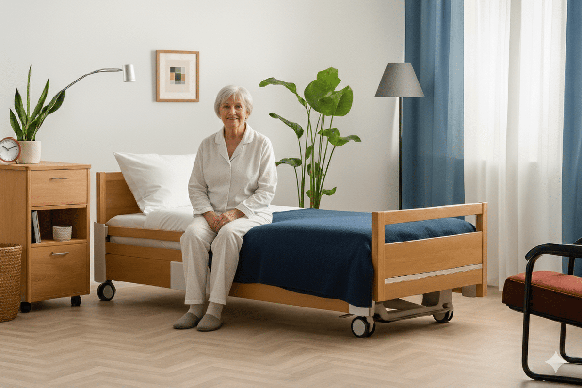 Frau sitzt auf verstellbarem Holz-Pflegebett mit blauem Bezug und Rollen.