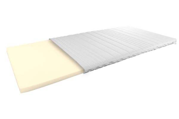 Viscotopper-Matratzenauflage mit weißem Bezug und gelber Viscoschaum-Schicht, ideal für zusätzlichen Komfort.