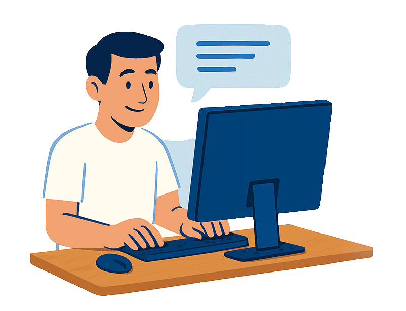 Illustration eines Supportmitarbeiters von AM Qualitätsmatratzen, der an einem Computer arbeitet und eine Nachricht verfasst.