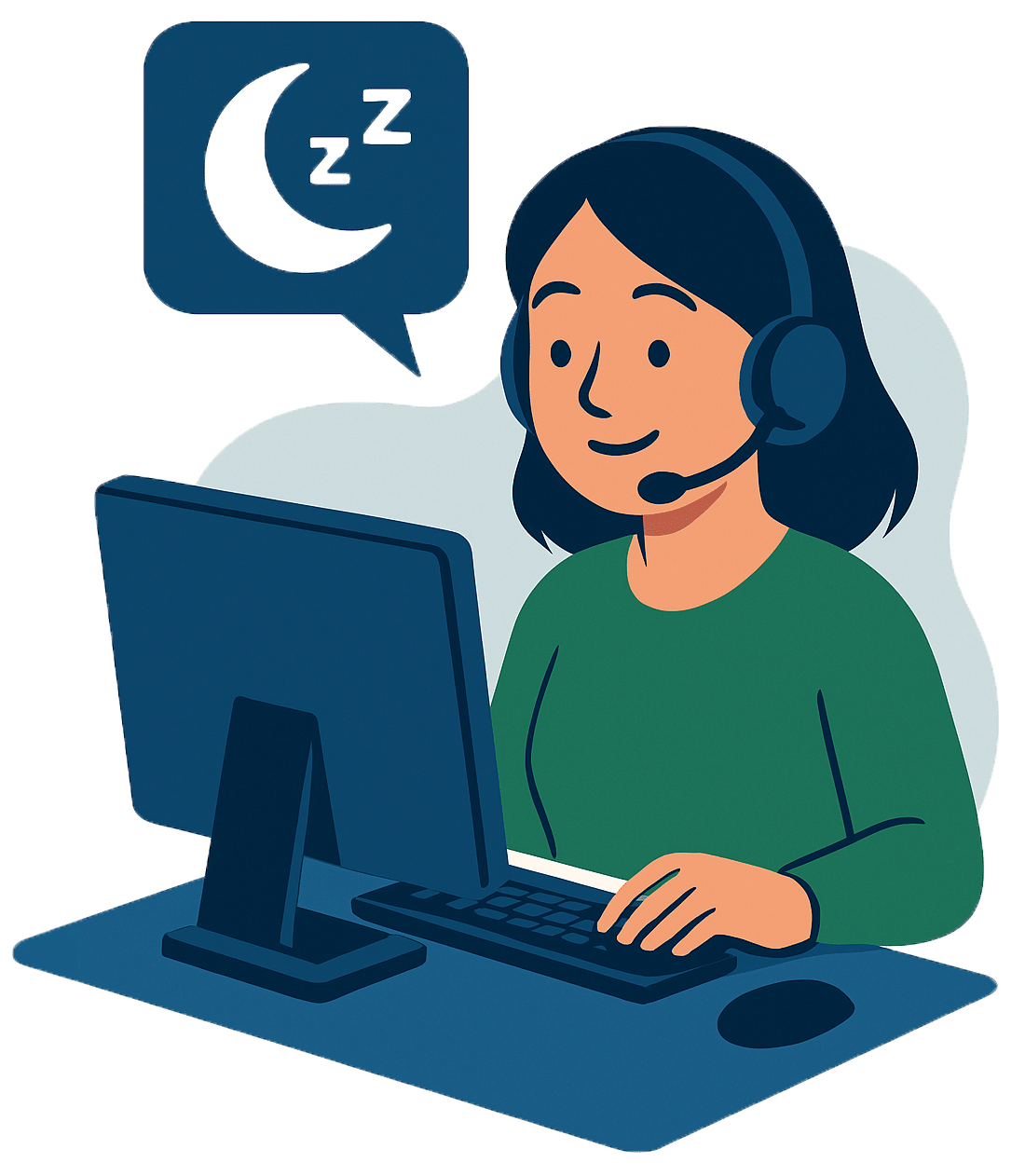 Eine Person mit Headset sitzt am Computer und bietet telefonische Schlafberatung an.