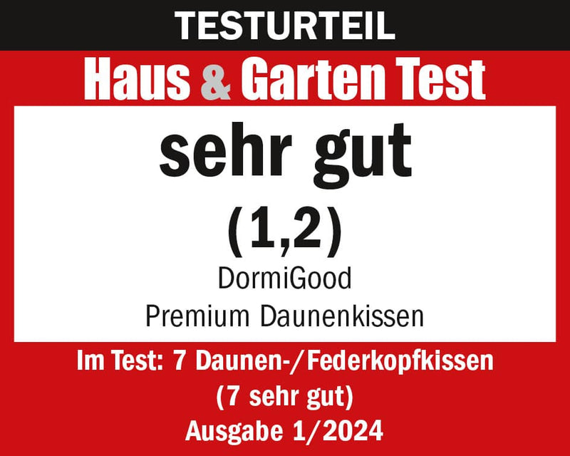 DormiGood Premium Daunenkissen, Testnote 1,2, bewertet als sehr gut im Haus & Garten Test 2024.