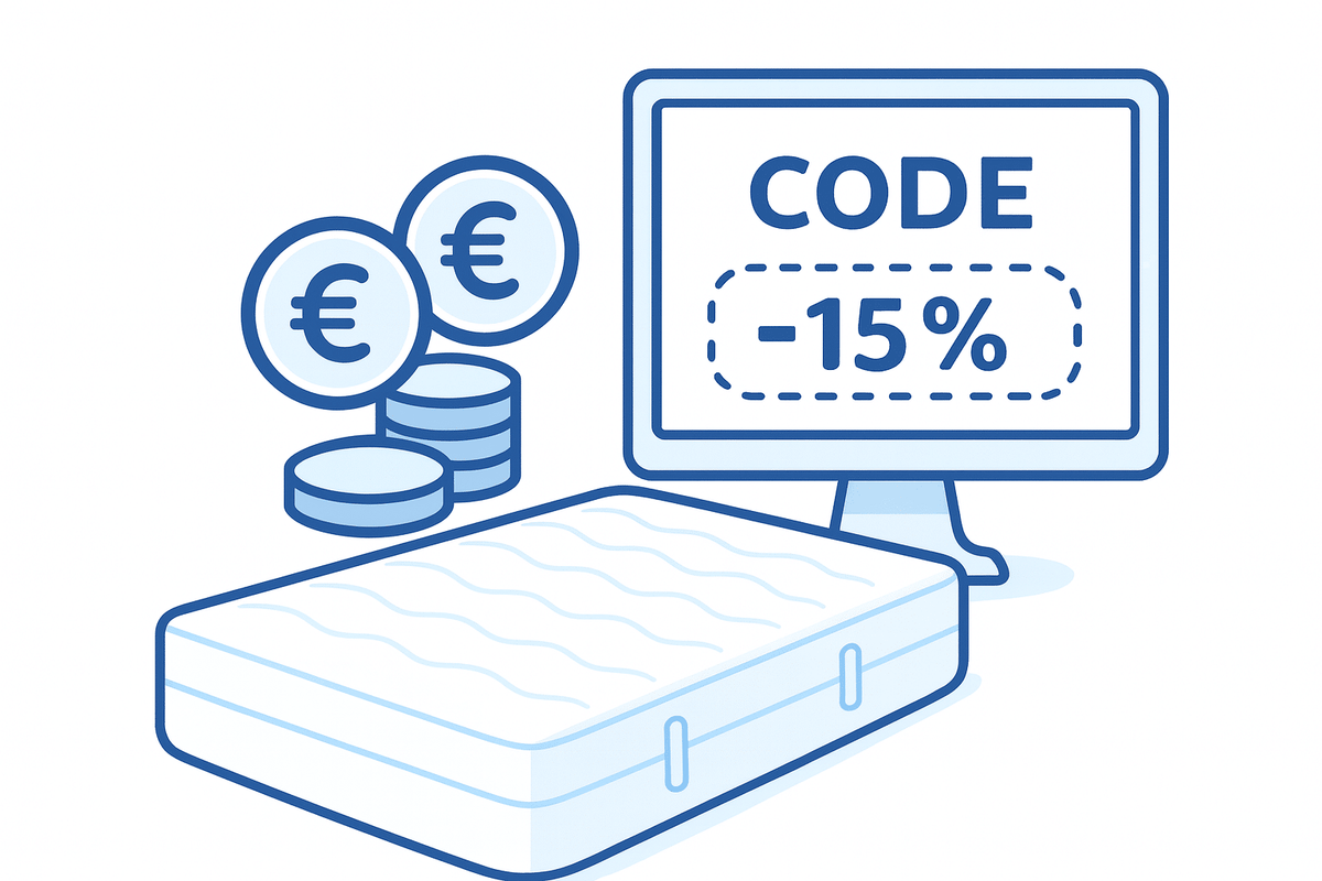 Grafik mit Gutschein, 15%-Rabattcode auf Computerbildschirm und Geldmünzen.