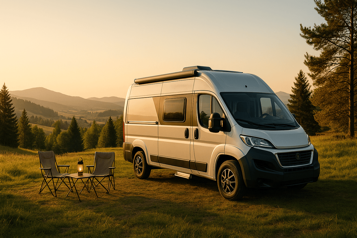 Kastenwagen-Wohnmobil mit Campingstühlen auf einer Wiese bei Sonnenuntergang