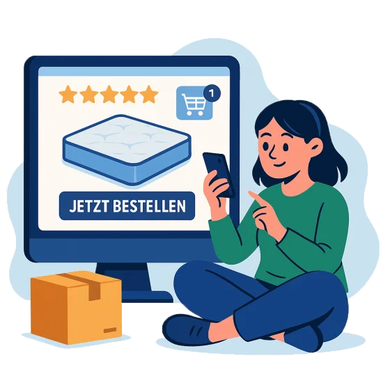 Eine Person sitzt auf dem Boden und bestellt eine Matratze online über ihr Smartphone.