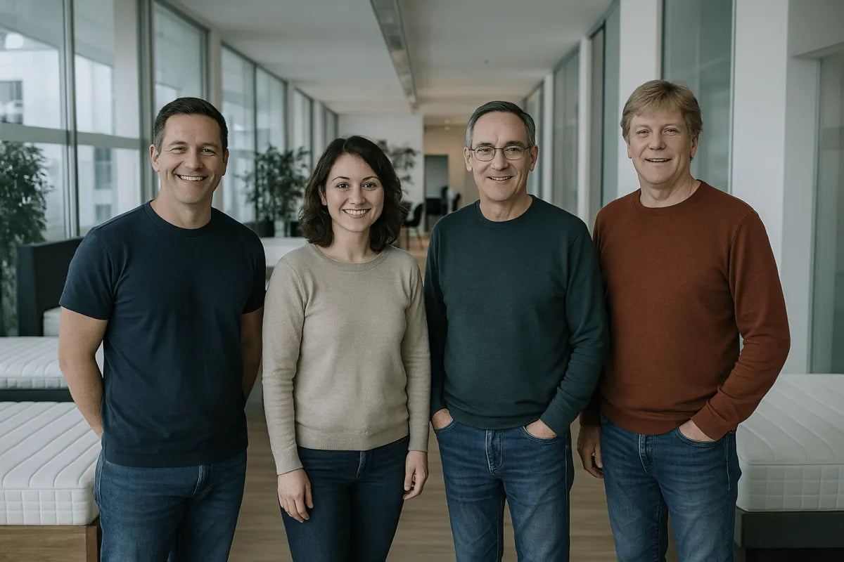 Schlafberaterteam im Showroom, vier Personen, entspannte Atmosphäre, moderne Einrichtung.