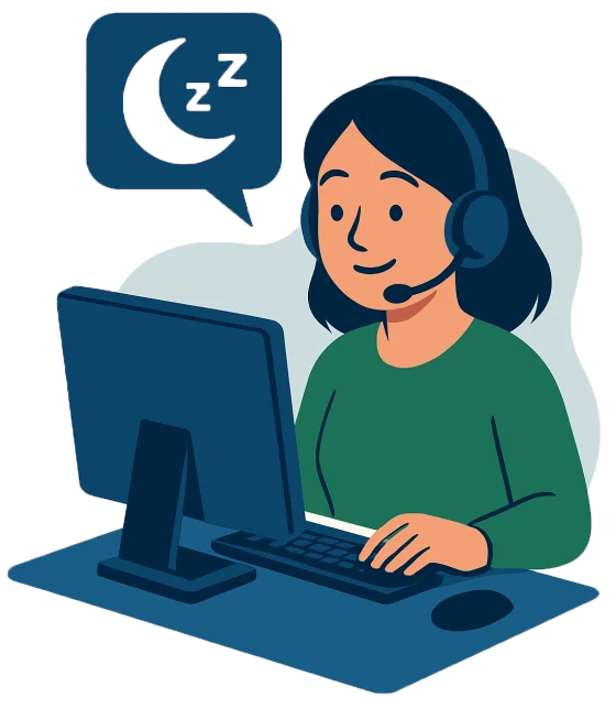 Eine Person mit Headset sitzt am Computer und bietet telefonische Schlafberatung an.