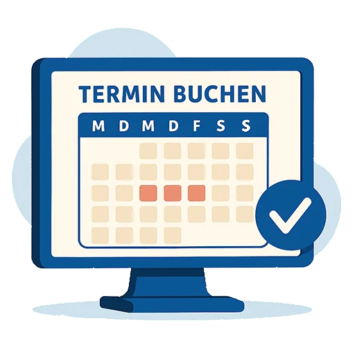 Computerbildschirm mit Kalender und blauer Schaltfläche zum Termin buchen