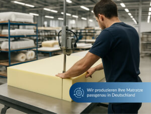 Mitarbeiter fertigt in einer deutschen Produktion Wohnwagenmatratze aus Schaumstoff an.