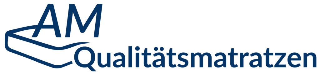 Logo von AM Qualitätsmatratzen in blauer Schrift mit stilisierter Matratze.